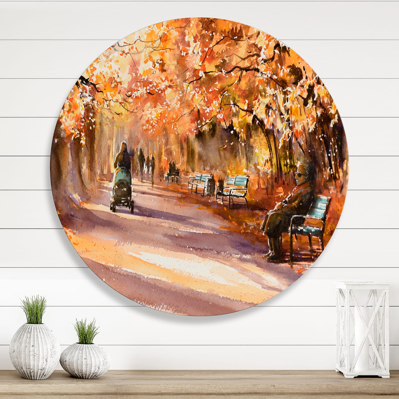 Designart - Road In The Park In Sunny Autumn Day - Country Metal Circle Wall Art